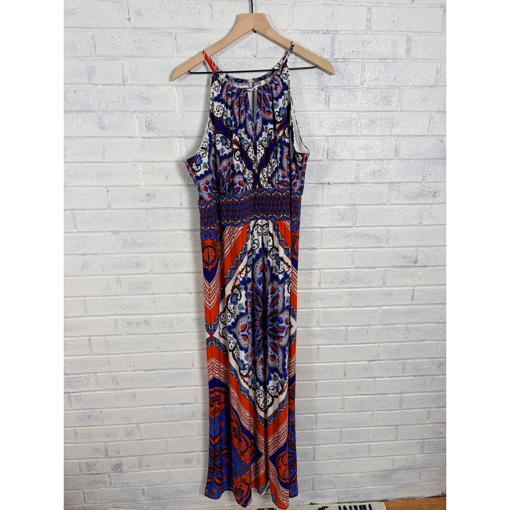 Chicos Halter Maxi Dress Womens XL Blue Orange Paisley Keyhole Boho - Picture 2 of 9